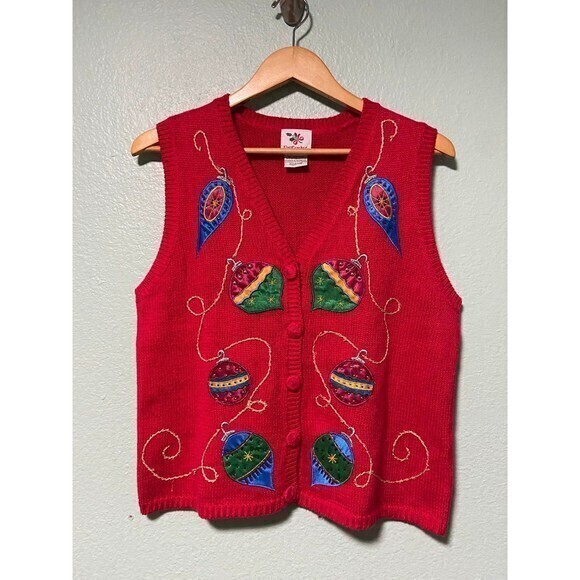 Vintage Nutcracker Women's Red Ornament Christmas Holiday Sweater‎ Vest Small - Picture 1 of 8